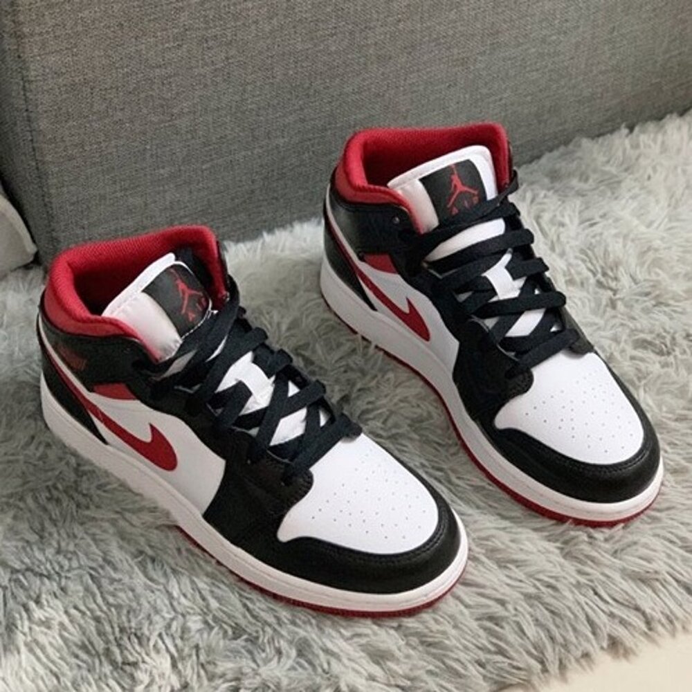 4Jordan Air Jordan 1 Mid-help retro basketball shoes GS White Black Red